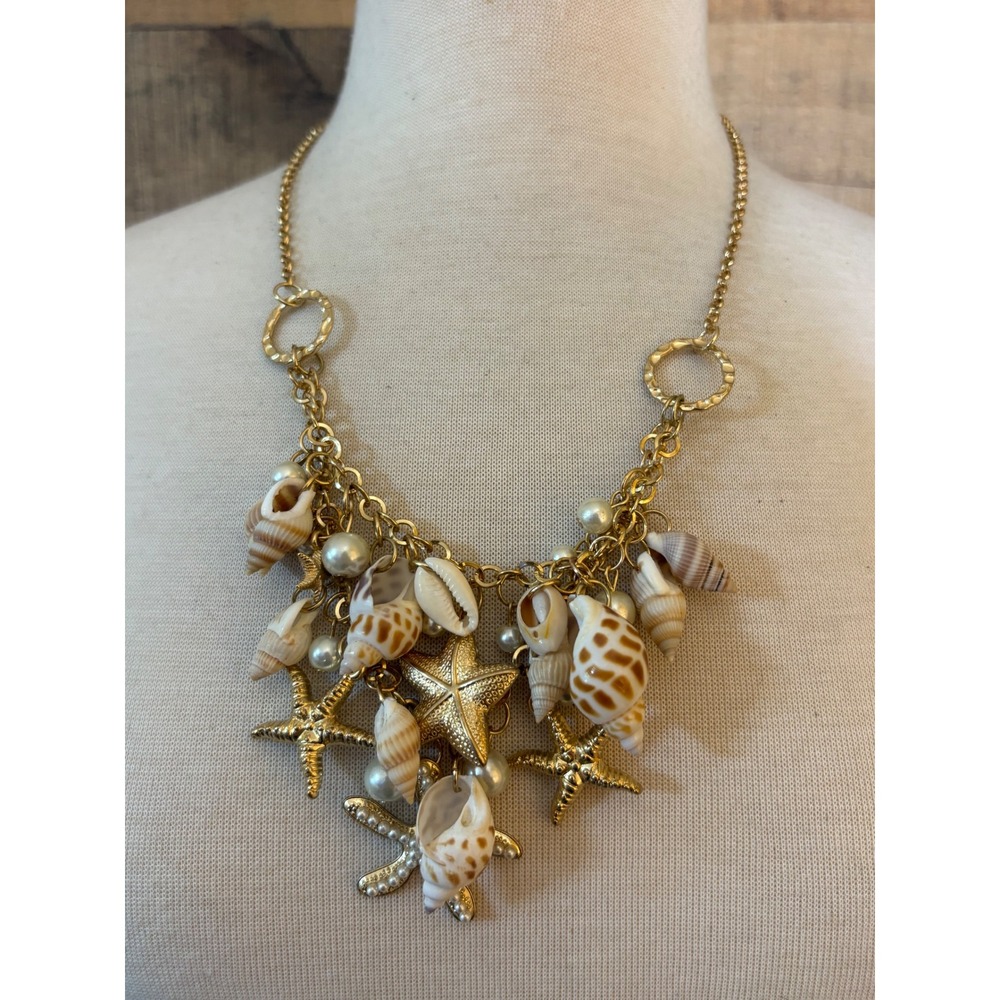 Gold Tone Starfish Seashell Pearl Statement Bib Necklace Coastal Beachy